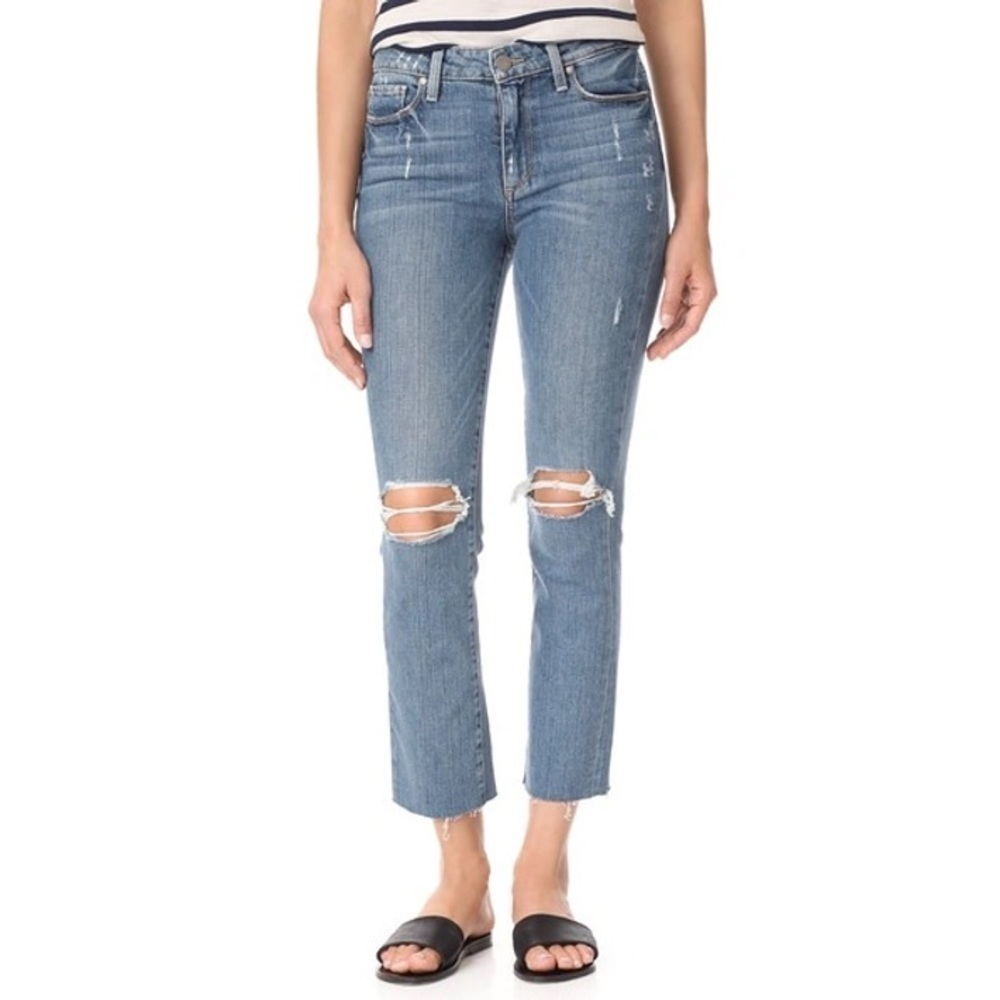 Paige Denim Beachwood Destructed Blue Jacqueline Straight Raw Hem Jeans EUC 28